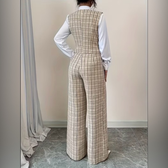 Retro Formal
Attire Checkered Suit - Vest & Wide-Leg Pants 2pcs - Picture 3 of 7